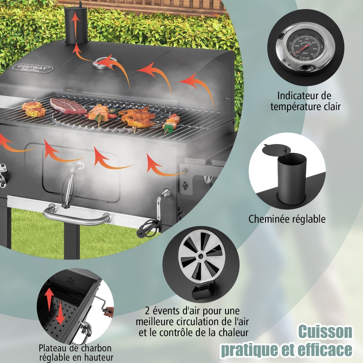 Barbecue à Charbon de Bois Portable avec 2 Tables d'Appoint Noir -