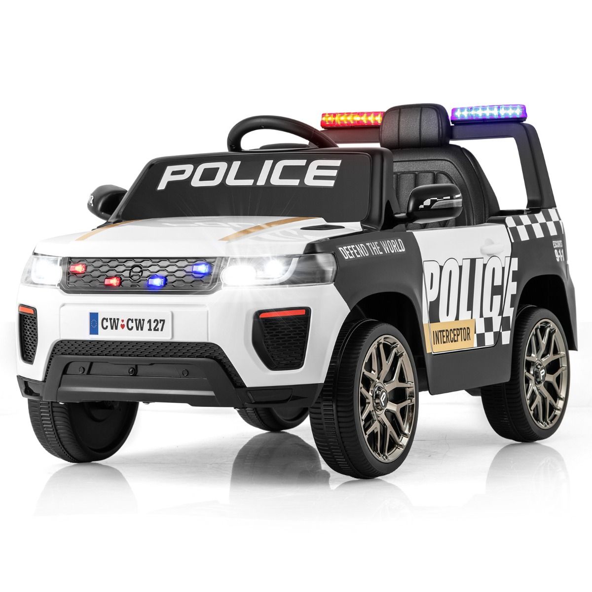 Voiture de Police Electrique Alimente par Batterie 12 V/7 A Tlcommande Connexion Sans Fil Musique Klaxon Sirne Lumires LED Blanc -