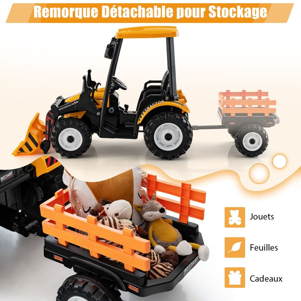 12V Tracteur lectrique Enfants avec Pelle&Remorque Amovible Vhicule lectrique  6 Roues avec Tlcommande & Musique 3-6 km/h pour 3-8 Ans Jaune/Vert -
