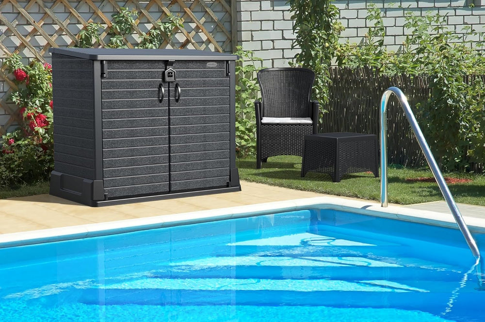 Duramax StoreAway 1200L Plastic Garden Shed/ Flat Lid,Outdoor Storage Shed,Wheelie Bin Hideaways,Wheelie bin box,Durable Construction,Ideal for Bikes,BBQs & 2x 240L Bins,145x85x125 cm,Brown