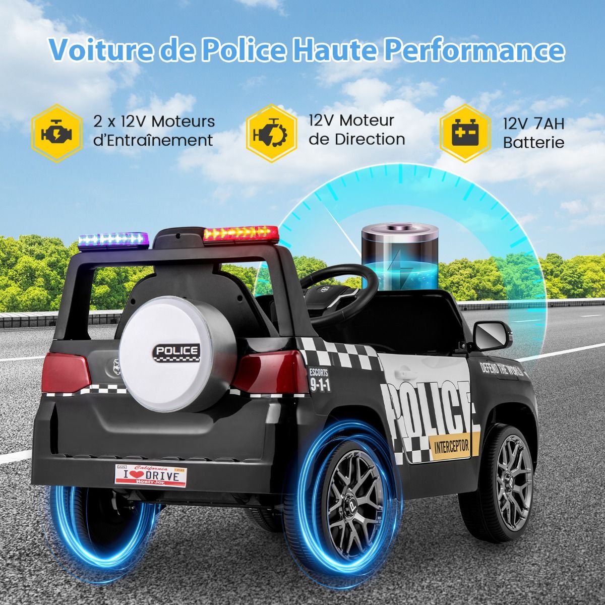 Voiture de Police Electrique Alimentée par Batterie 12 V/7 A Télécommande Connexion Sans Fil Musique Klaxon Sirène Lumières LED Blanc -
