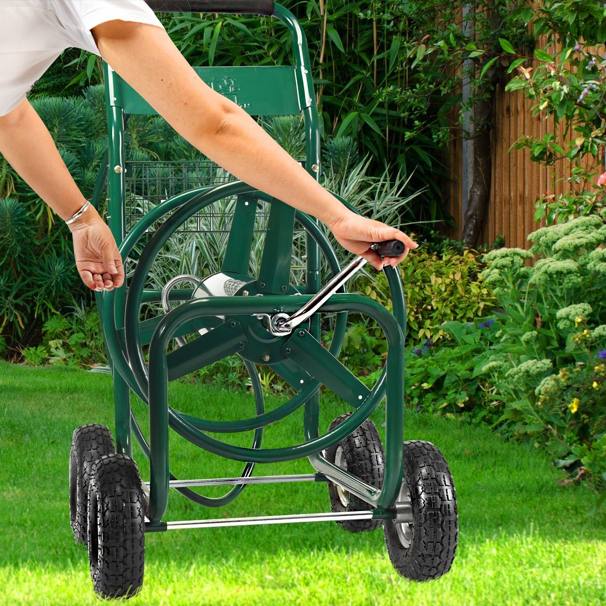 Dévidoir de Tuyau d’Arrosage avec 4 Roulettes Chariot pour 1.7m de Tuyau d’Arrosage Panier,95x62x113cm,Vert -