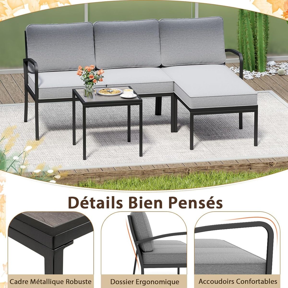Ensemble Salon de Jardin 3 Pièces Ensemble de Canapé Rembourré d’Extérieur avec Table Basse Cadre en Métal Robuste Gris -
