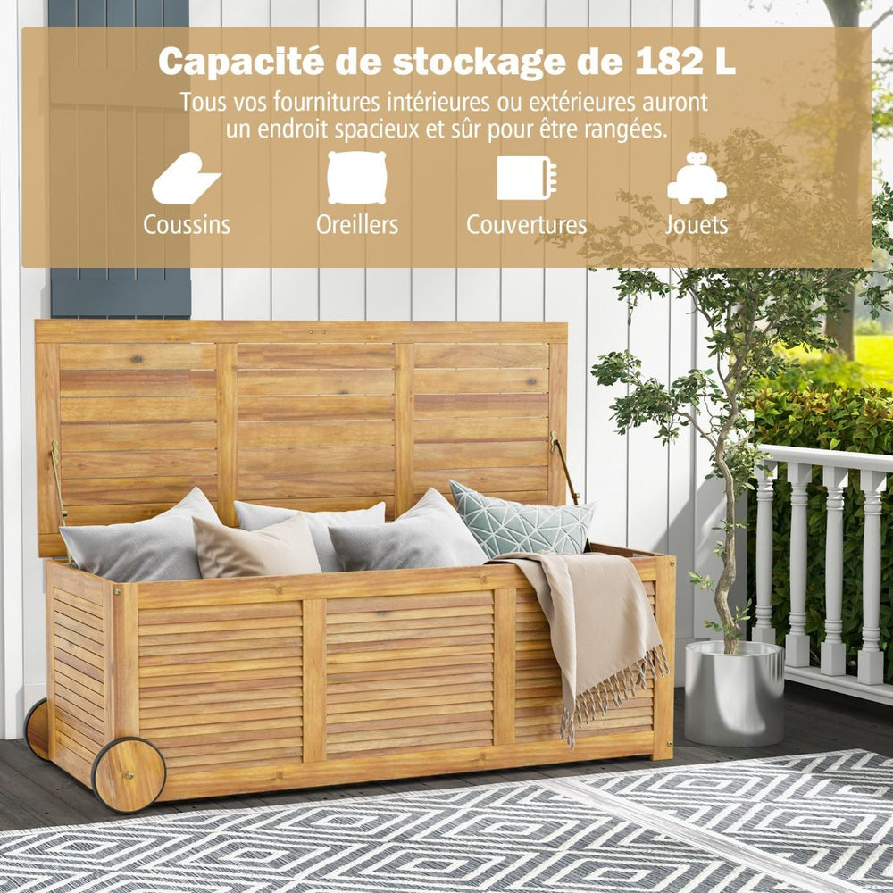 Coffre de Rangement 182L en Bois d’Acacia Charnière en Métal Banc de Rangement à Roulettes Extérieur pour Jardin Patio -