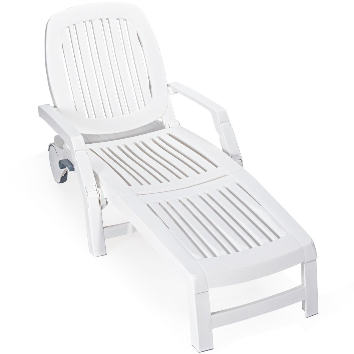 Chaise Longue Inclinable Réglable à 5 Positions avec Roues Flexibles Fauteuil Relax de Camping avec Boîte de Rangement Charge 150KG Blanc -
