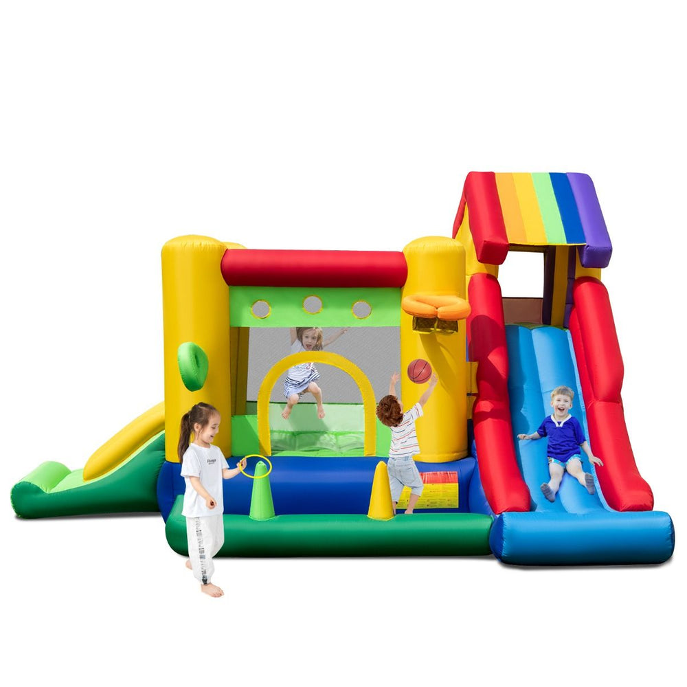Château Gonflable à Thème Arc-en-ciel 7 en 1 avec Ventilateur Double Toboggans Piscine à Balles Panier de Basket Charge 90kg -