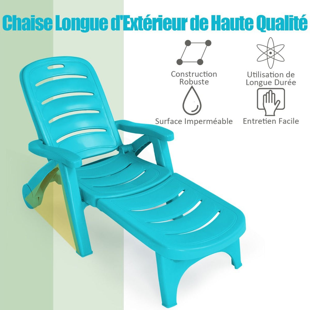 Chaise Longue Pliable Dossier Inclinable  5 Positions avec Roues Intgres pour Terrasse Jardin Piscine 150 kg Gris/Blanc/Bleu -