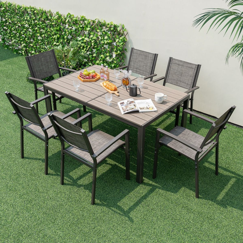 Ensemble de Meubles de Patio 7 Pièces pour 6 Personnes Salon de Jardin avec 6 Chaises Empilables et Table Rectangulaire Gris -