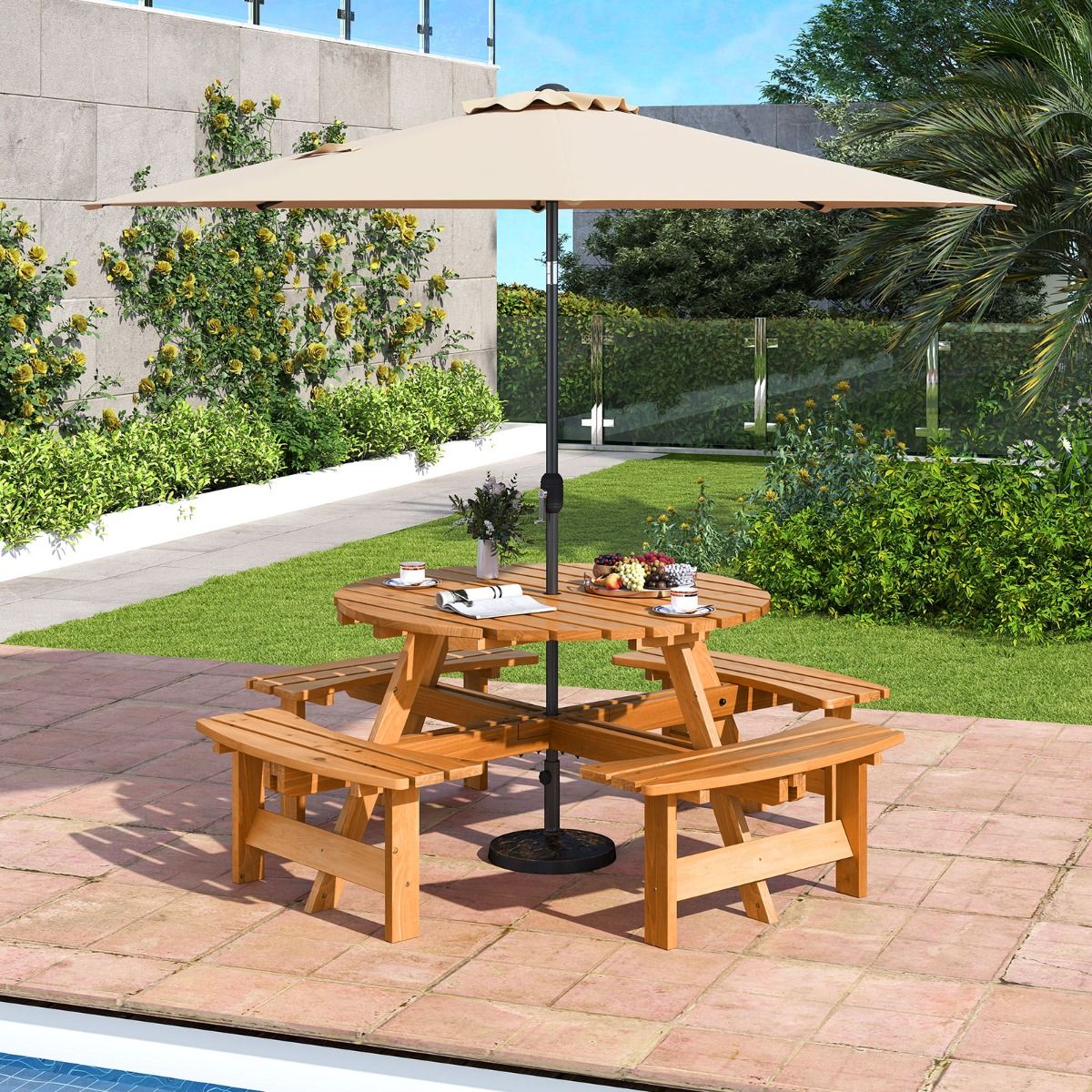 Ensemble Table de Pique-Nique en Bois pour 2  8 Personnes Set Table et Banc Circulaire avec 4 Bancs Intgrs Trou de Parasol de 5cm Marron/Jaune -