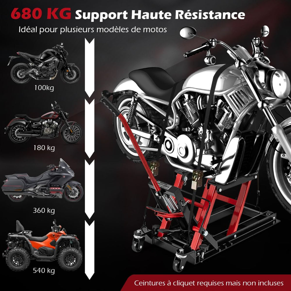Cric Hydraulique pour Moto Capacité de 680 kg Table Élévatrice Moto Plateforme Réglable en Hauteur sur 3 Niveaux Rouge/Noir -