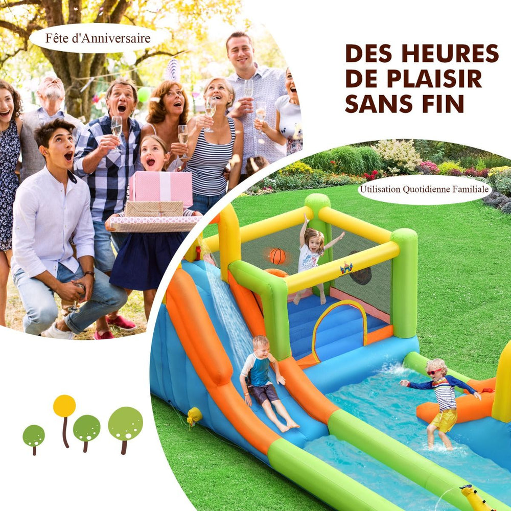 Château Gonflable 8 en 1 avec 2 Toboggans Parc Aquatique avec Maison de Saut Charge 135kg pour 3 Enfants de 3-10 Ans -